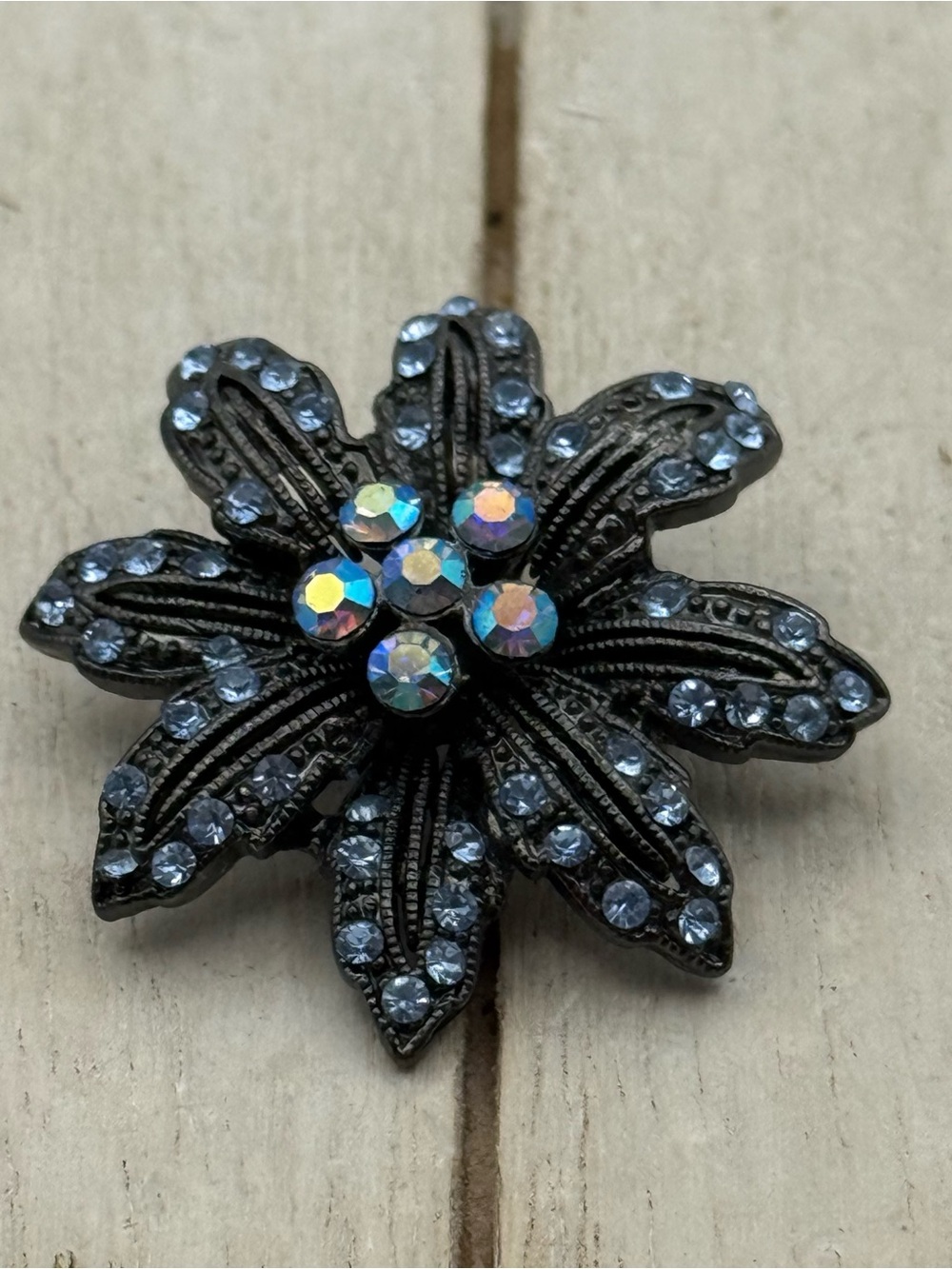 Crystal Flower Brooch Pin - Black with Iridescent Accents
